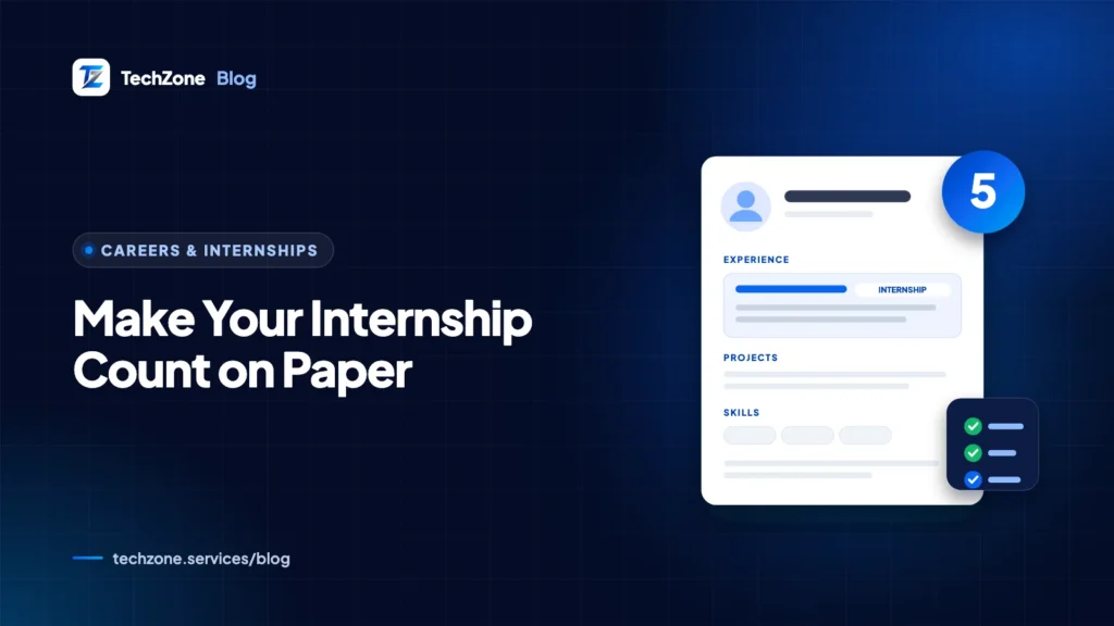 Illustration of a one-page student resume with the internship entry highlighted in the Experience section, a verified certificate badge and a portfolio link
