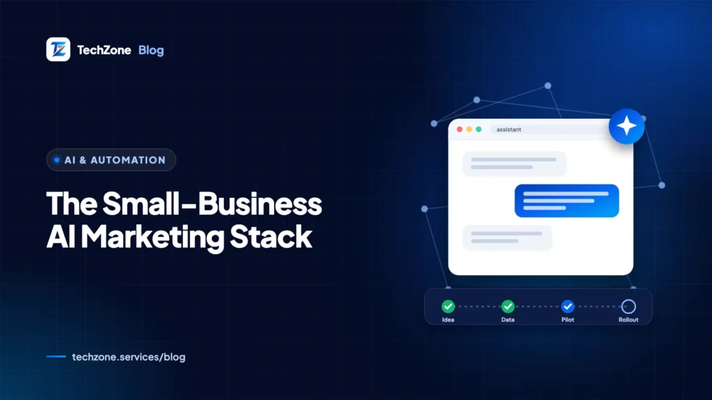 Navy card showing stacked app tiles for writing, design, email, chat and analytics connected to a central AI spark icon