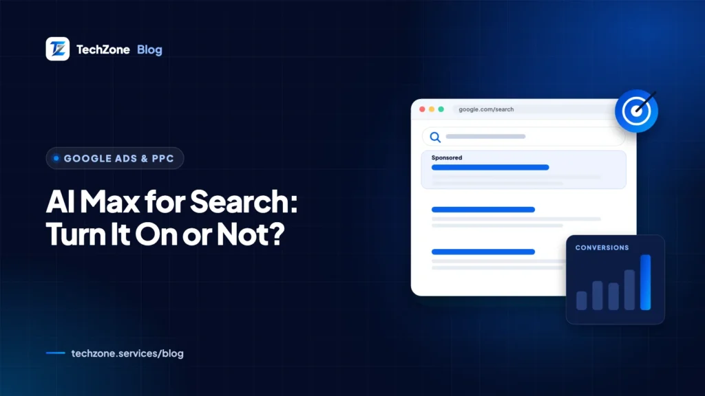 Illustration of a Google search results page beside a toggle switch labeled AI Max, a keyword list branching into new search terms and a set of landing pages