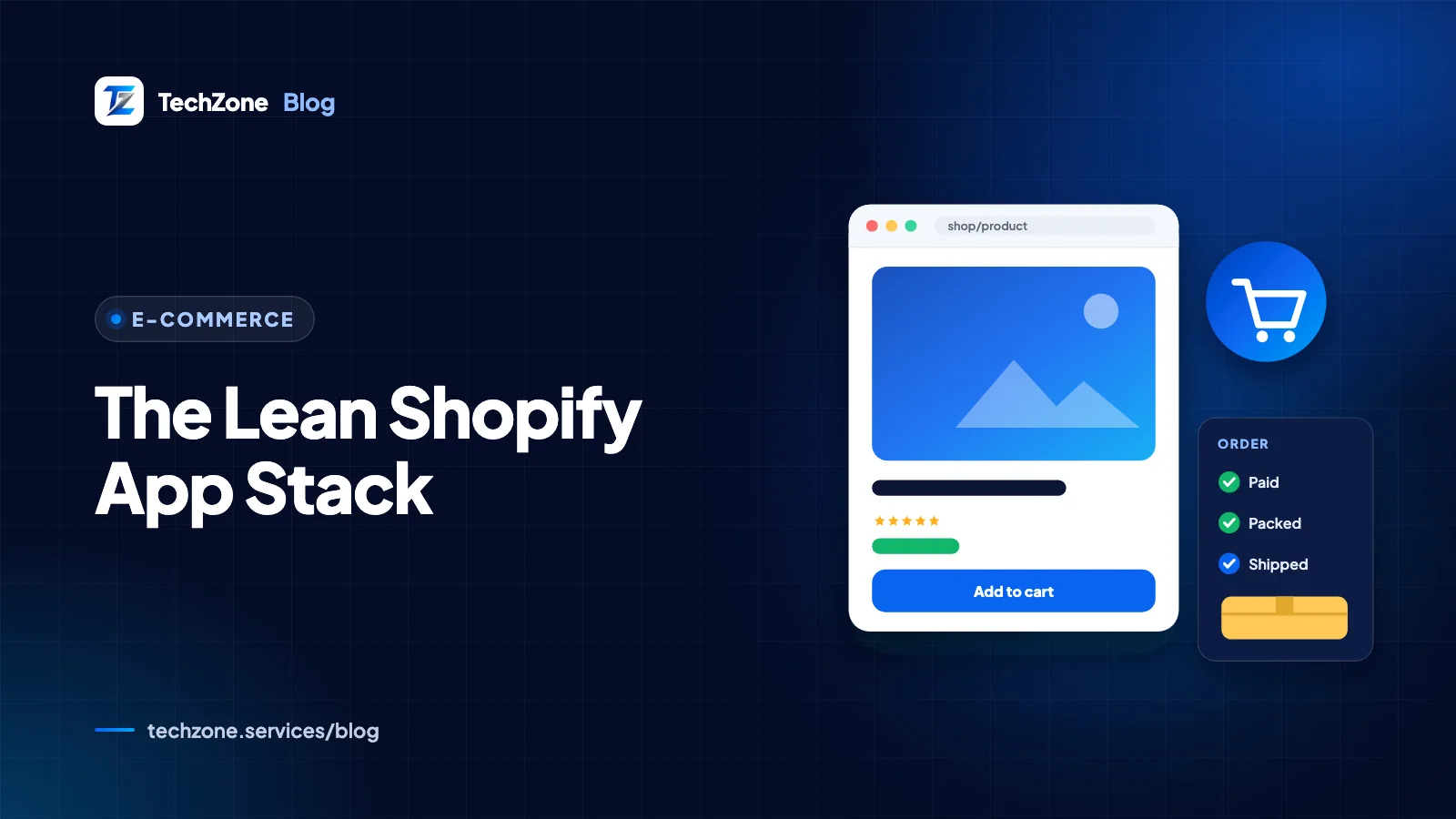 Navy card with a shopping cart beside a small grid of app tiles, three ticked and the rest greyed out