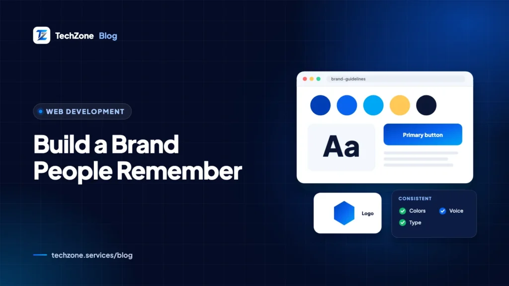Navy card with a logo sketch, a row of color swatches, a font specimen reading Aa and a speech bubble for brand voice