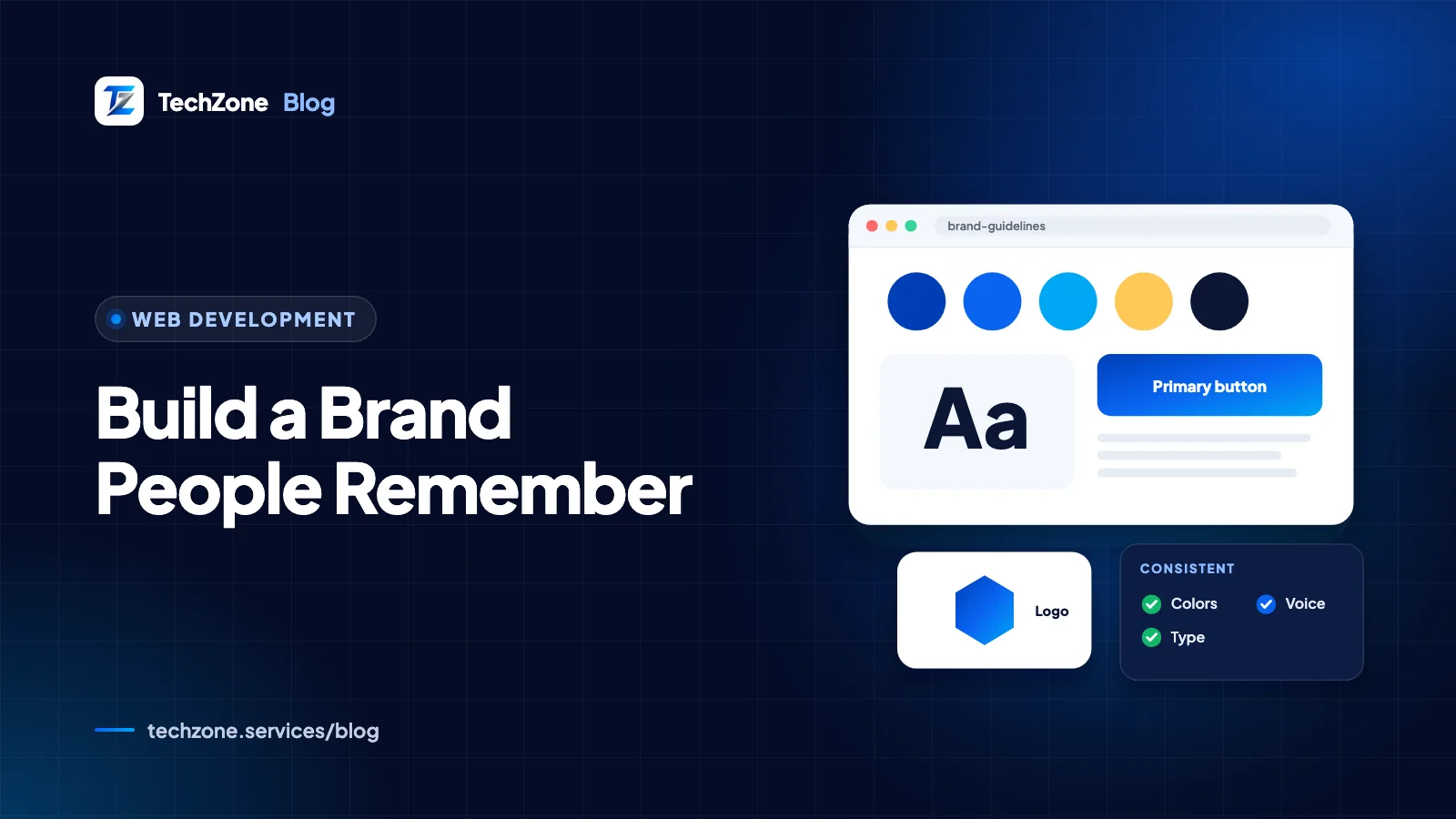 Navy card with a logo sketch, a row of color swatches, a font specimen reading Aa and a speech bubble for brand voice