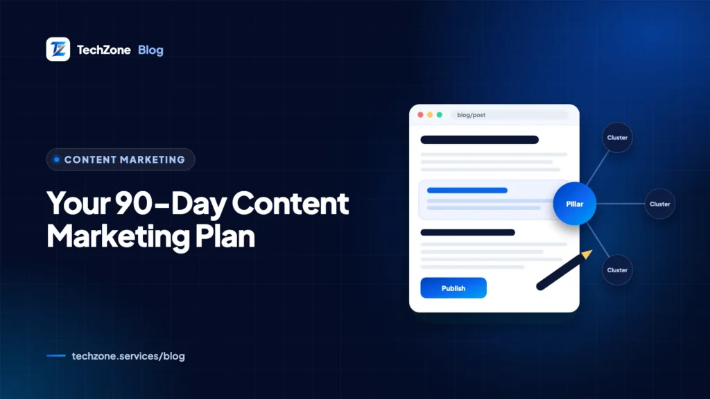 Illustration of a content calendar grid beside a pillar page connected to smaller cluster articles, with a funnel marked awareness, comparison and decision