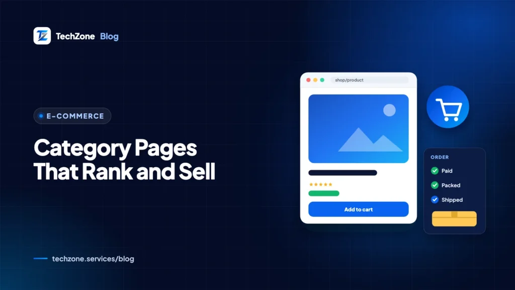 Navy card showing an online store category page with filters, a product grid and a search result snippet with price and stock details