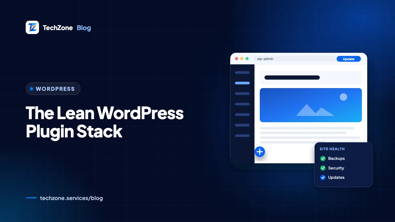 Navy card with a WordPress dashboard panel and a short stack of plugin tiles labeled SEO, forms, backups and security, with a checkmark beside each