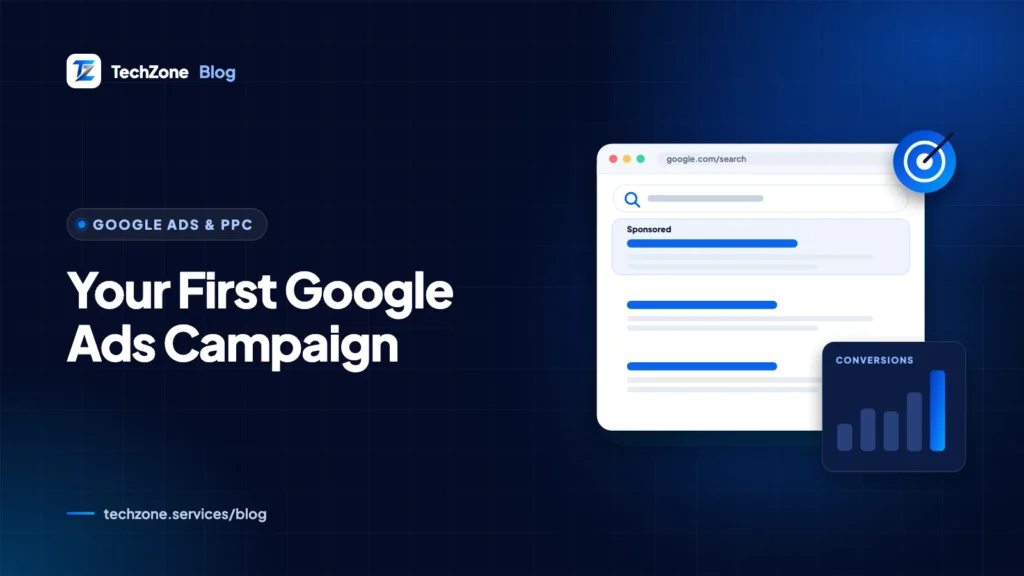 Navy card with the headline beside a search results page showing a sponsored ad, a budget dial and a checklist for keywords, ads and tracking