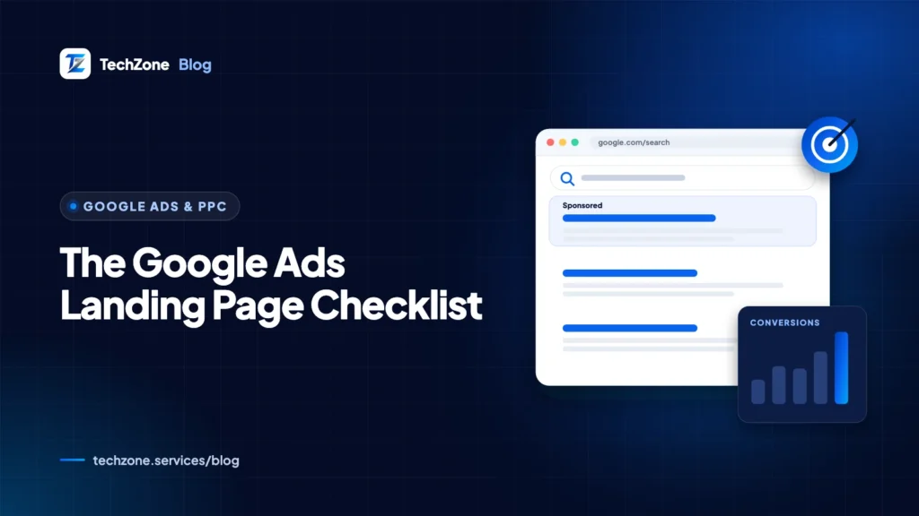 Illustration of a phone showing a landing page with a headline, call and WhatsApp buttons and a short form, next to a Google search ad and a ticked checklist