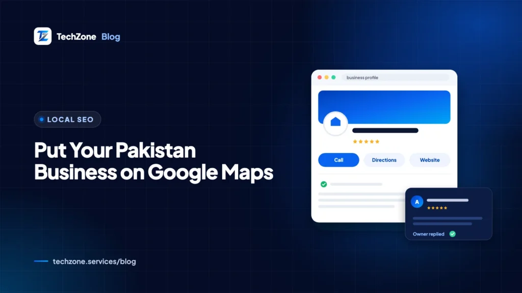 Branded navy card with a stylized map of Pakistan, a location pin over Islamabad and a Google Business Profile panel with a verified badge and a WhatsApp chat button