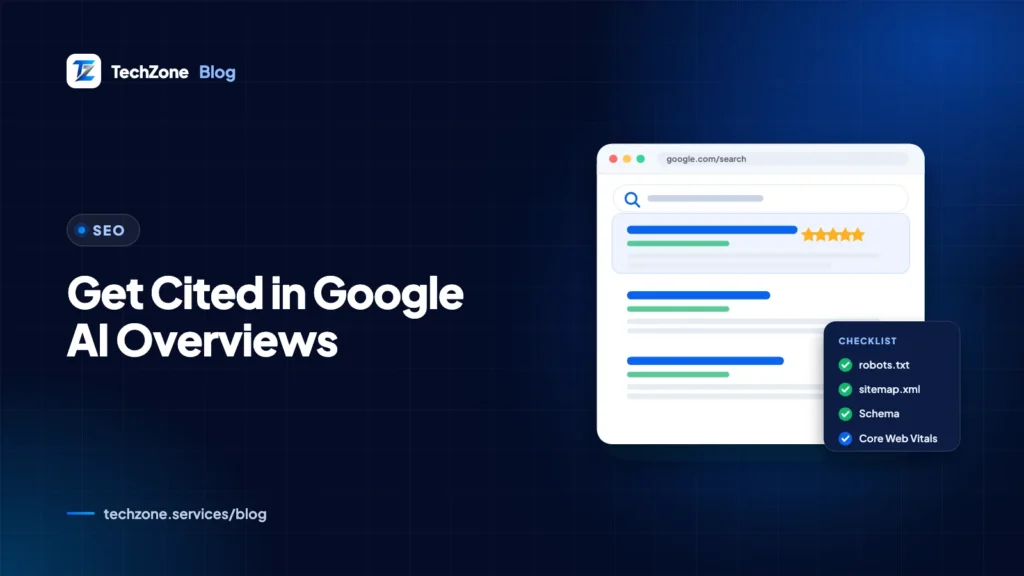 Google results page with an AI Overview panel citing a website, beside a requirements checklist and a weekly tracking spreadsheet