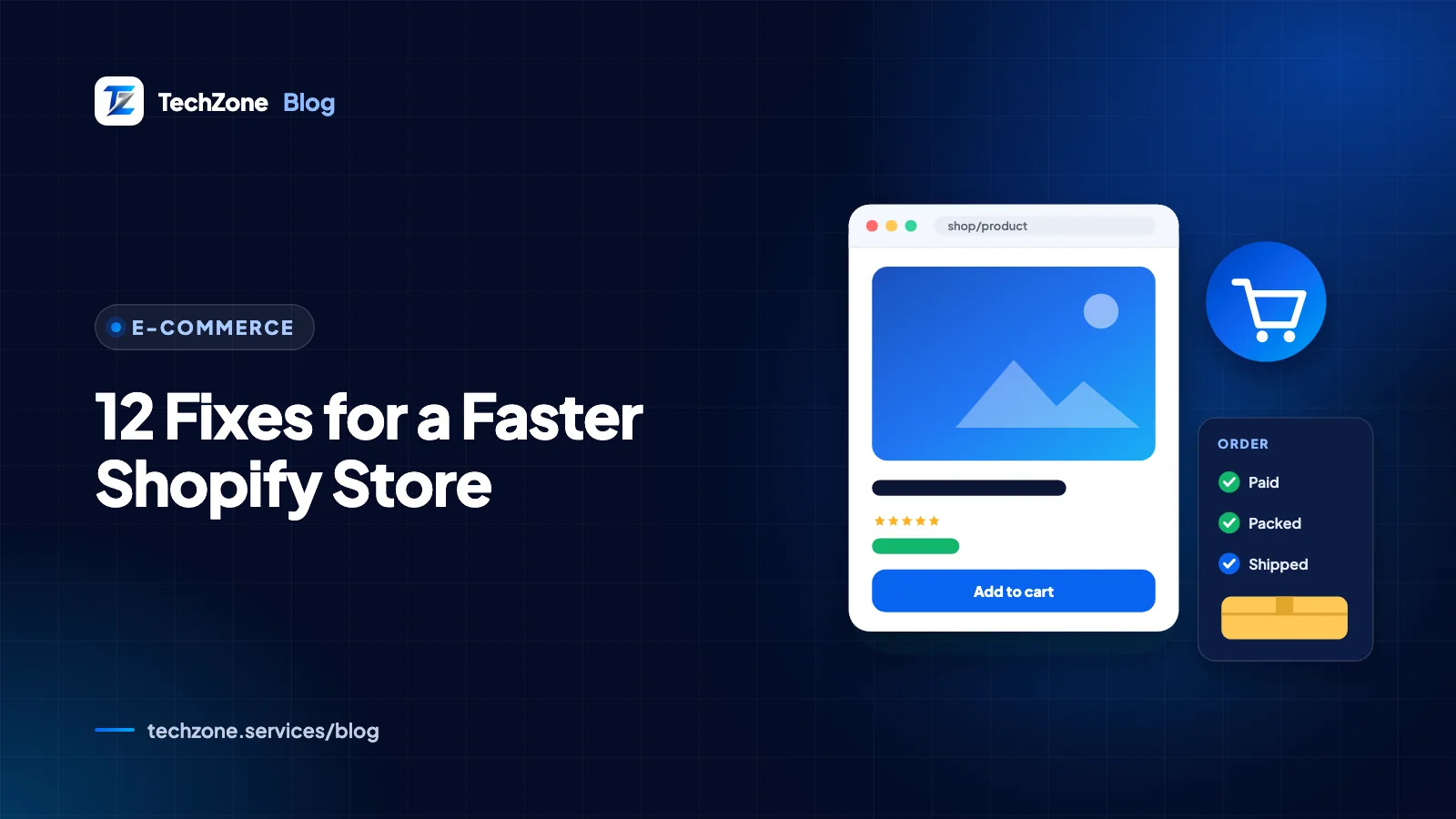 Navy card with a shopping cart beside a speedometer needle in the green zone and a page loading bar nearly full