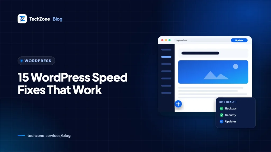Navy card with a WordPress logo beside a speedometer needle in the green zone and a stack of cached web pages