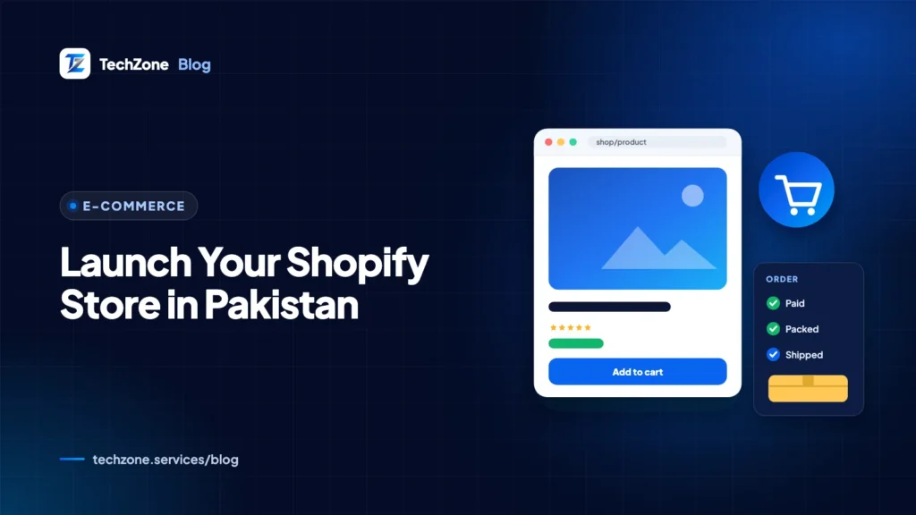 Navy card showing a Shopify storefront on a phone with a PKR price tag, a cash on delivery badge and a courier van