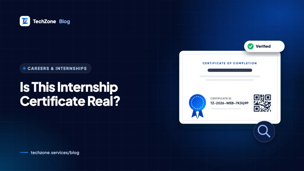 Illustration of an internship certificate with a QR code and certificate ID next to a browser window showing a green Verified status on the issuer's verification page