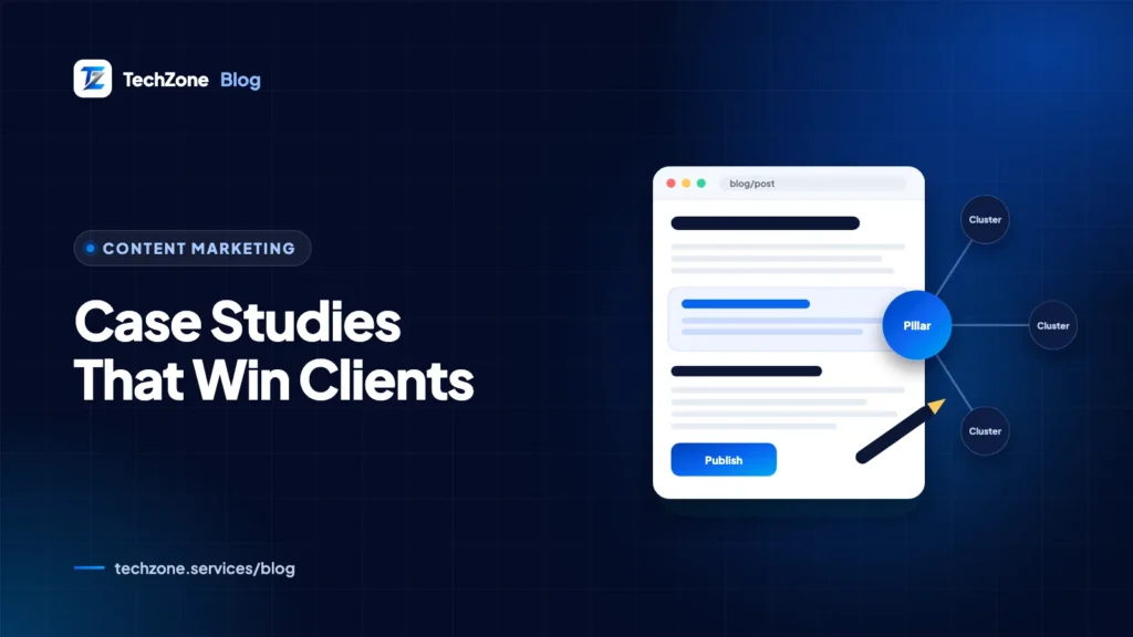 Illustration of a case study page with a before-and-after chart, a client quote card and a results snapshot box