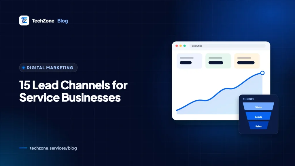 Navy card with a funnel collecting icons for a map pin, a search bar, a chat bubble and an envelope, above a rising bar chart
