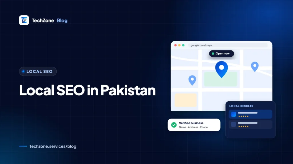 Navy card with pins on a map of Pakistan's major cities beside a phone showing a Google Maps listing with call and WhatsApp buttons