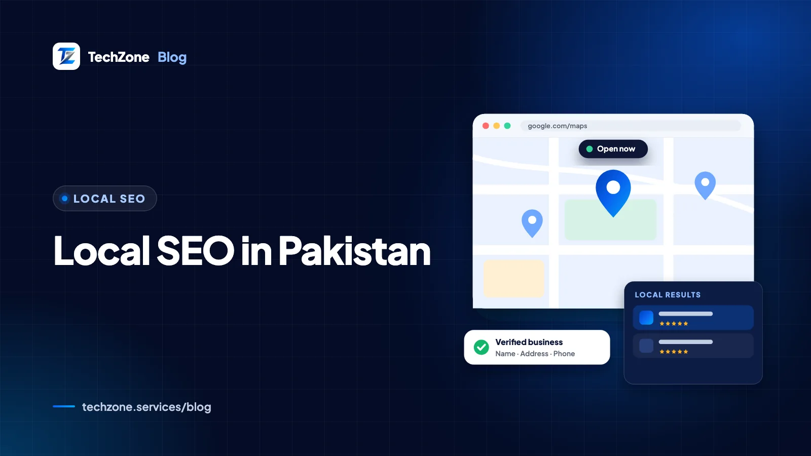 Navy card with pins on a map of Pakistan's major cities beside a phone showing a Google Maps listing with call and WhatsApp buttons