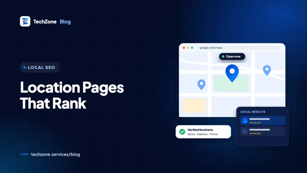 Navy card with a web page wireframe showing a map, opening hours, reviews and a location pin, beside a list of branch pages