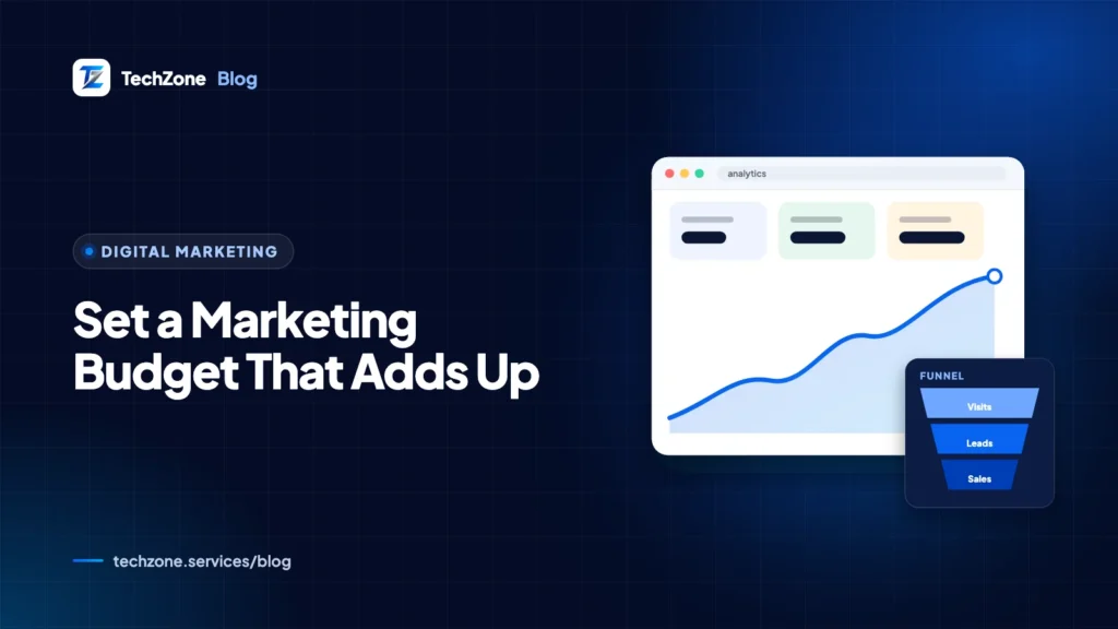 Navy card with a pie chart split into marketing channels beside a monthly budget sheet and a calculator