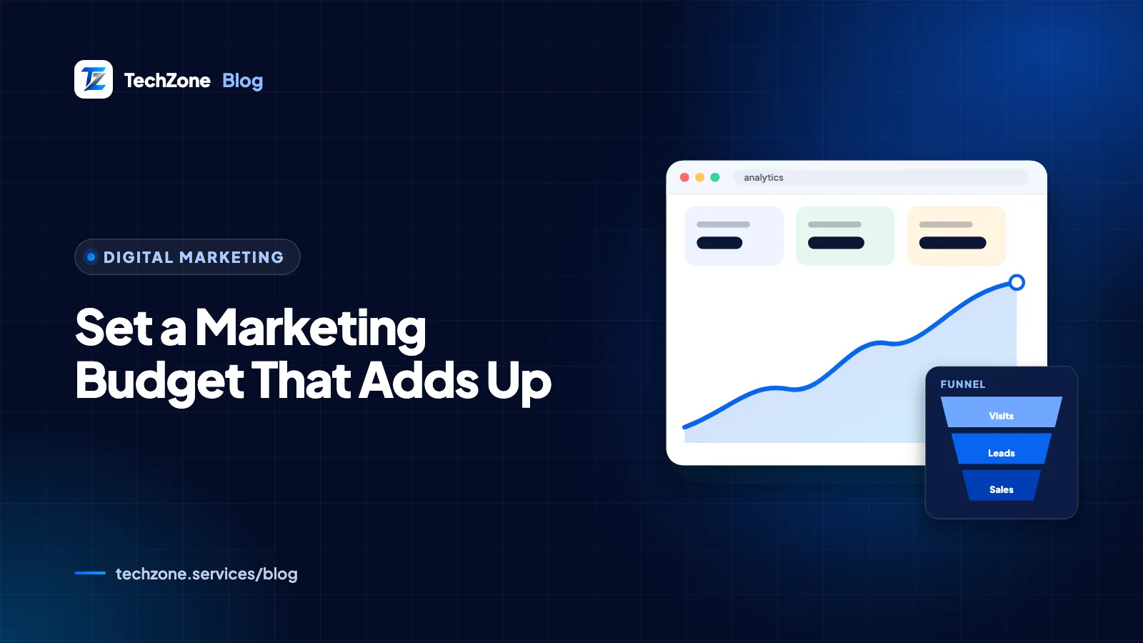 Navy card with a pie chart split into marketing channels beside a monthly budget sheet and a calculator