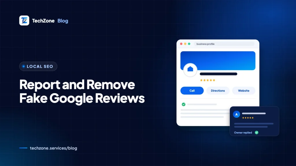 Branded navy card showing a list of reviews with one flagged in red, a shield icon and a status tracker reading decision pending