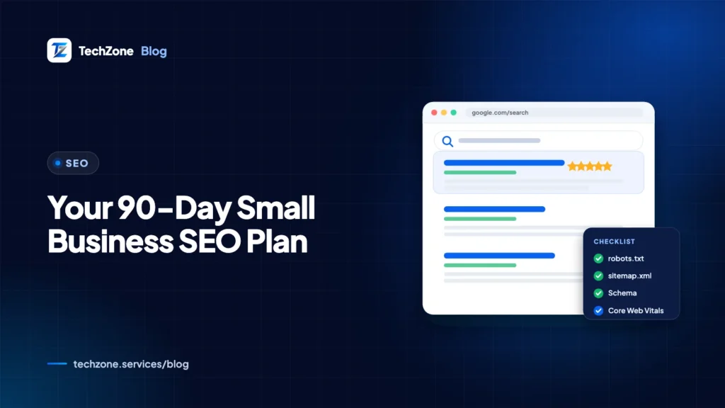 Branded navy card with the headline beside a 90-day calendar, a rising search results chart and a map pin