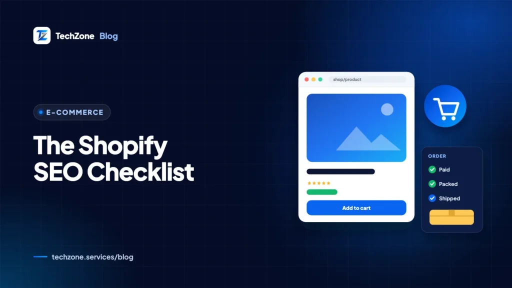 Navy card with a shopping cart beside a ticked checklist and a search results panel showing a product listing with a price