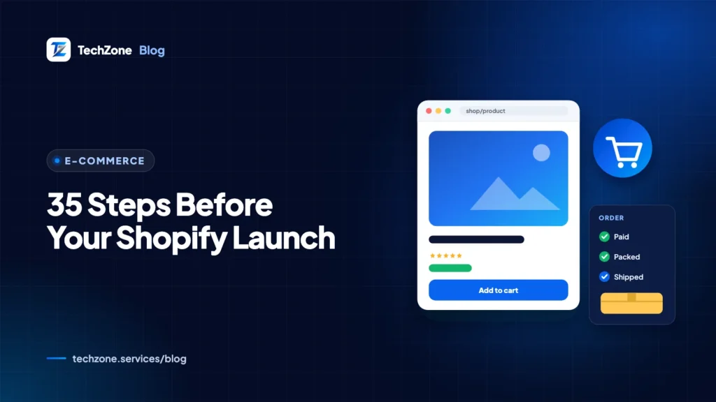 Navy card with a shopping cart beside a long ticked checklist and a storefront window with a launch flag