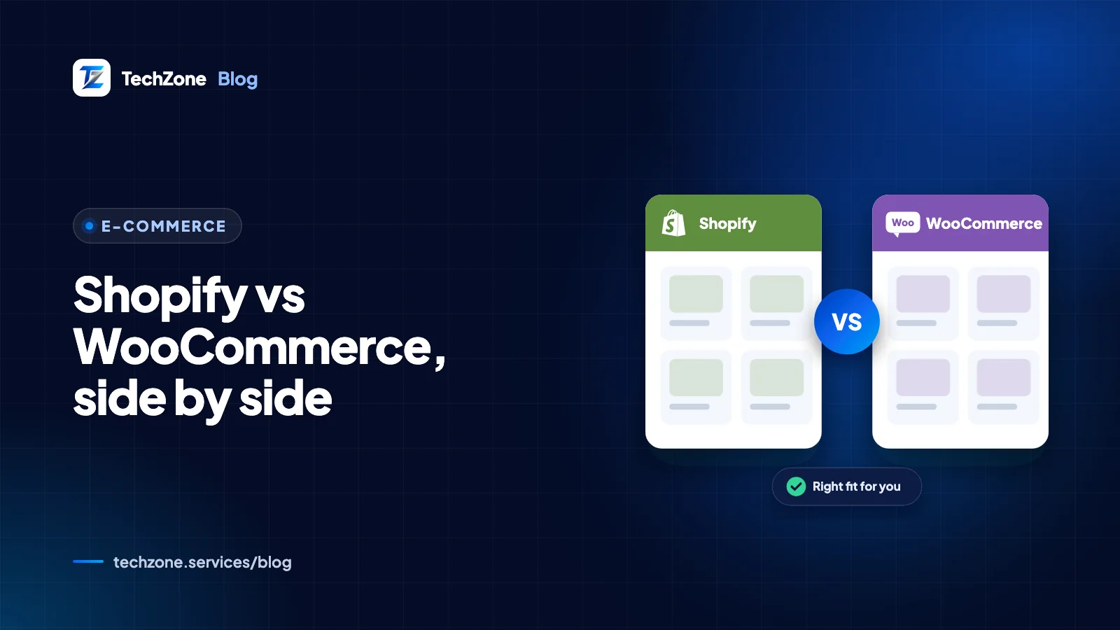 Illustration of two online store windows side by side, one with a shopping bag icon for Shopify and one with a WordPress-style plugin icon for WooCommerce, linked by a comparison scale