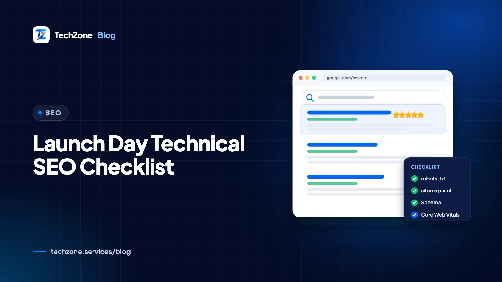 Illustration of a website launch checklist with ticked items for robots.txt, XML sitemap, HTTPS, redirects and structured data beside a search results page