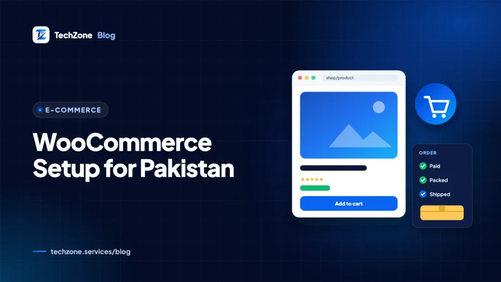 Navy card showing a WordPress store dashboard with a PKR price tag, a cash on delivery badge and a map of Pakistan's provinces