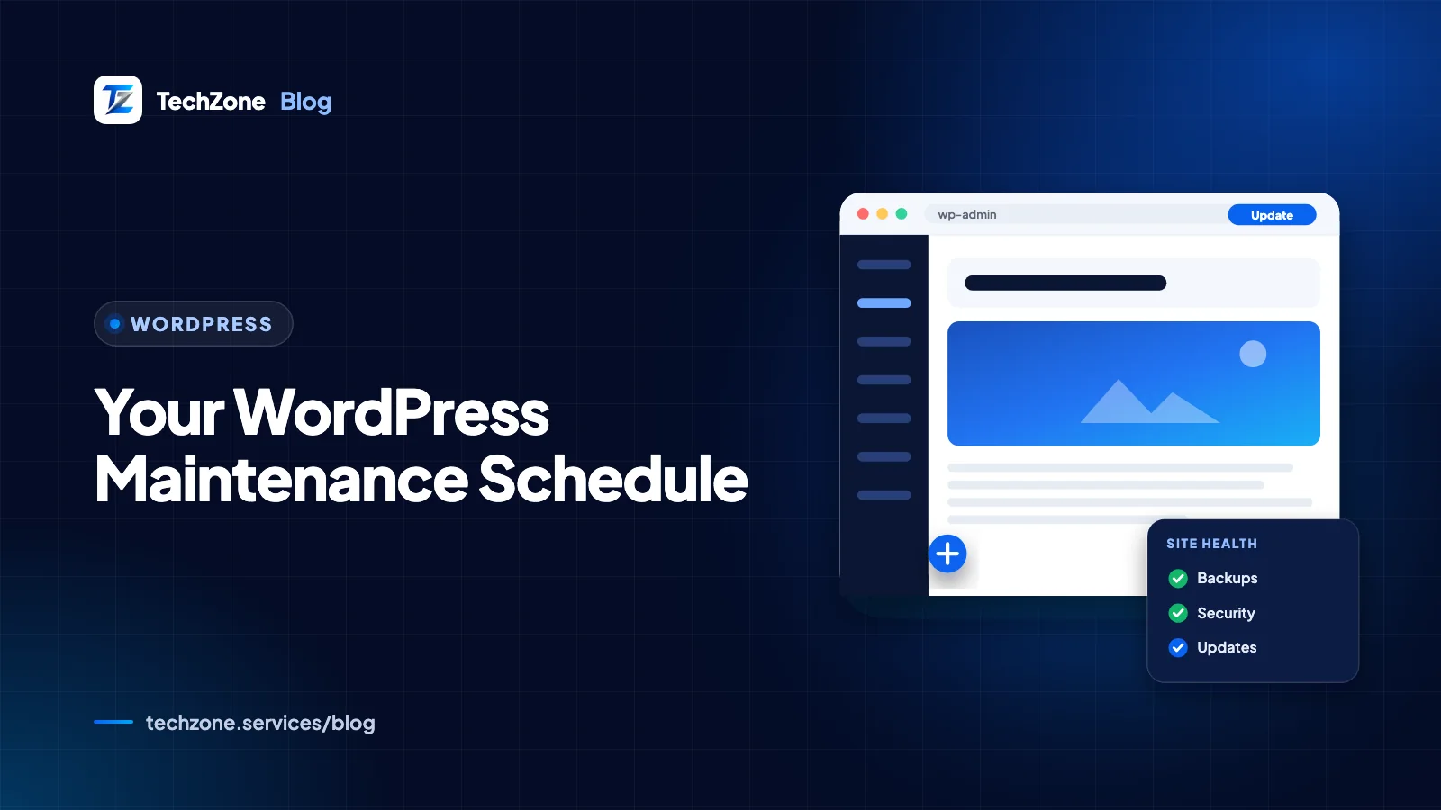 Navy card with a WordPress logo beside a calendar marked weekly, monthly and yearly, a backup cloud and a ticked checklist