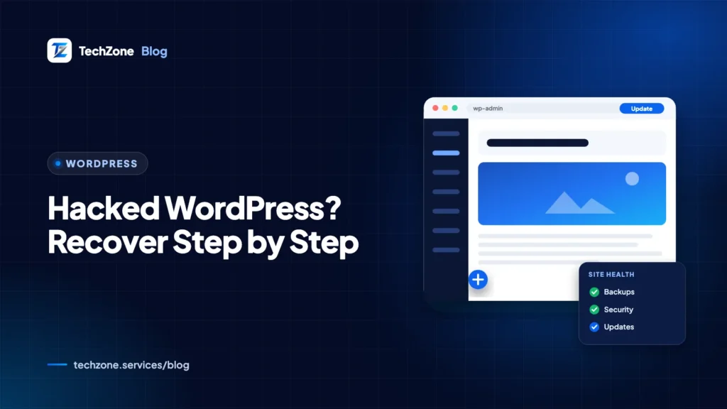 Navy card with a cracked WordPress shield, a warning triangle and a checklist leading to a restored website with a green padlock