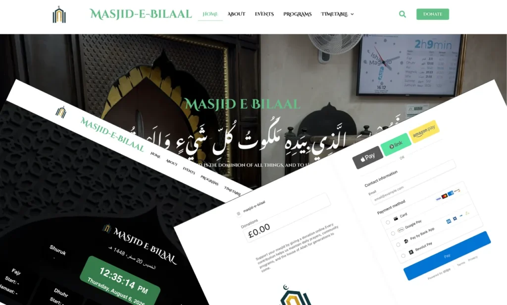 Masjid-e-Bilaal website pages designed and built by TechZone