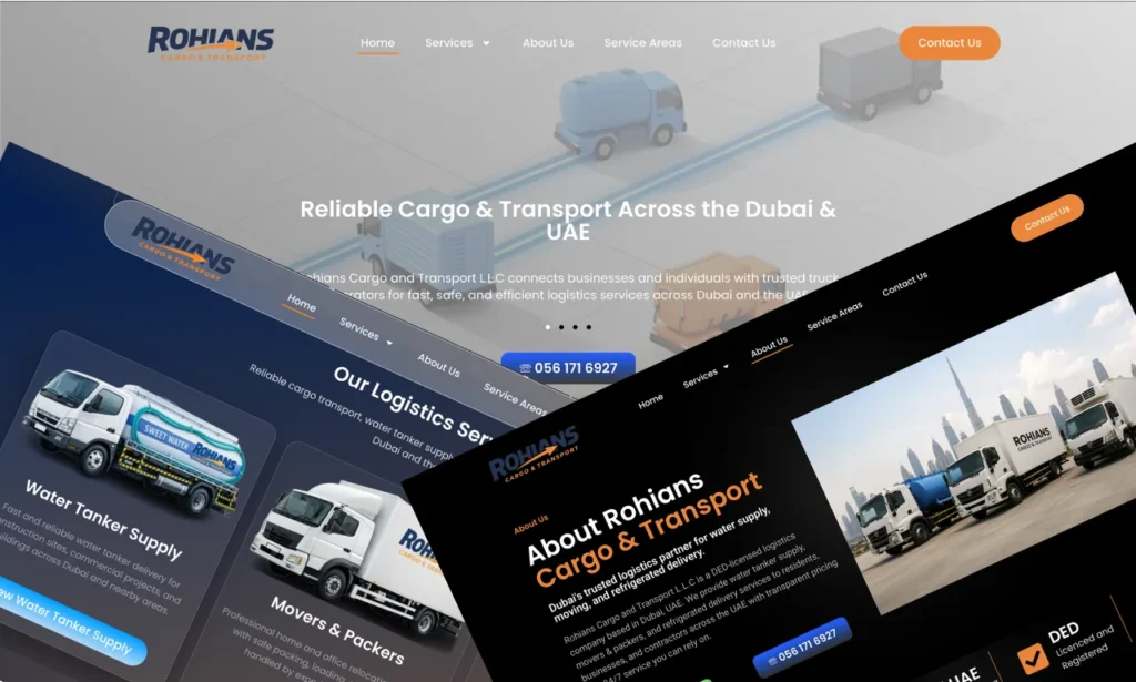 Rohians Cargo and Transport website pages designed and built by TechZone