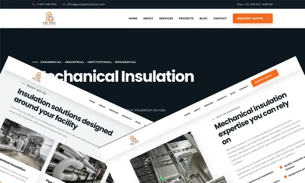 YNC Pipe Insulation website pages designed and built by TechZone