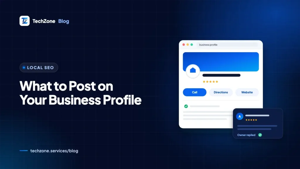 Branded navy card with a Google Business Profile panel showing an update post with a photo and a Learn more button
