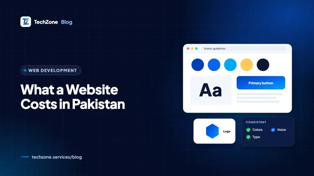 Branded navy card with a website design layout: brand colour swatches, typography, a primary button and a logo